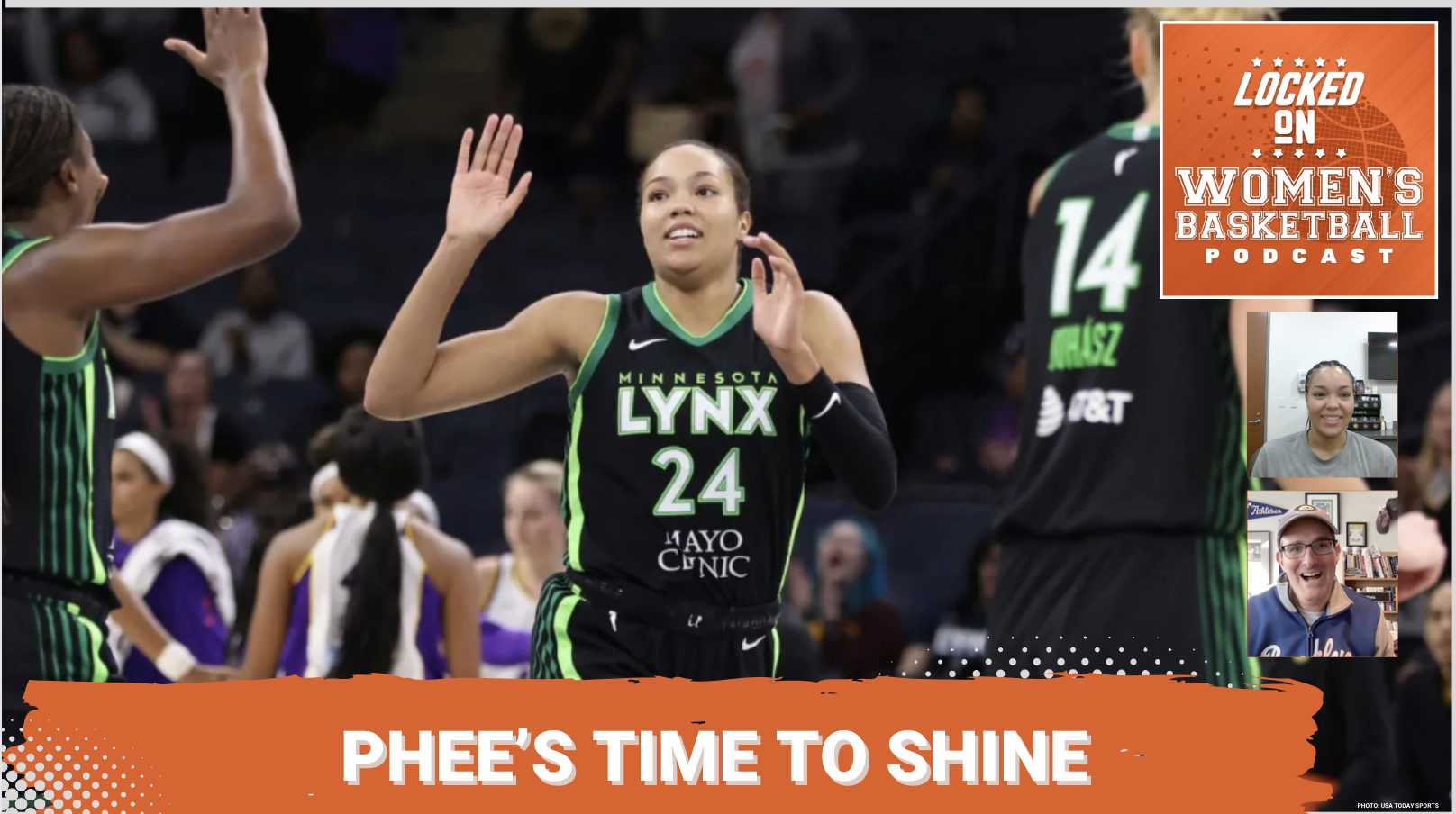 A preview thumbnail for the Locked on Women's Basketball podcast episode captioned "Phee's Time to Shine" in all caps on the bottom of the image, with a photo of Napheesa Collier in a black number 24 Minnesota Lynx jersey with neon green trim facing the camera.
